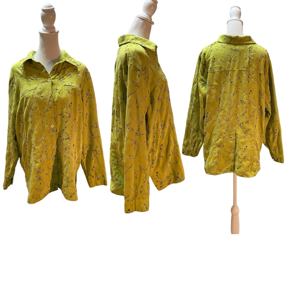 Sag Harbor Lime Green with Black Embroidered Floral Print Fax Suede Shacket 16W